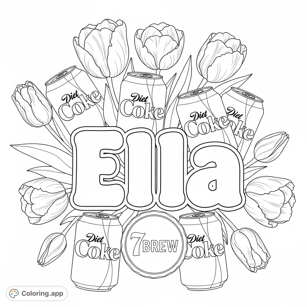 A charming and personalized coloring page featuring the name "Ella" in bubble letters, surrounded by elegant tulips, Diet Coke cans, and the 7Brew logo.