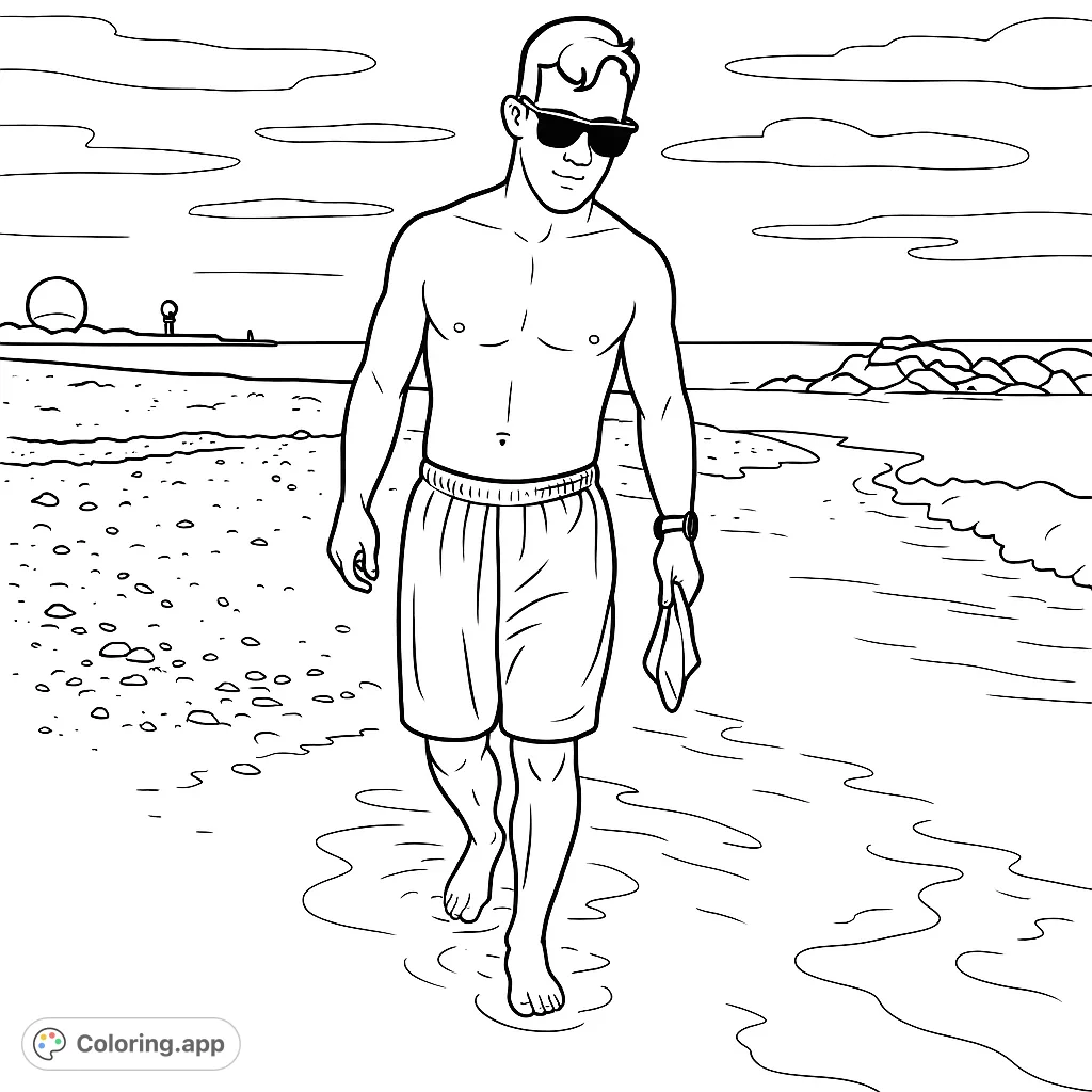 Enjoy a relaxing beach day scene featuring a man walking through shallow ocean water, with distant shoreline features and a cloudy sky. Perfect for a calming coloring escape.