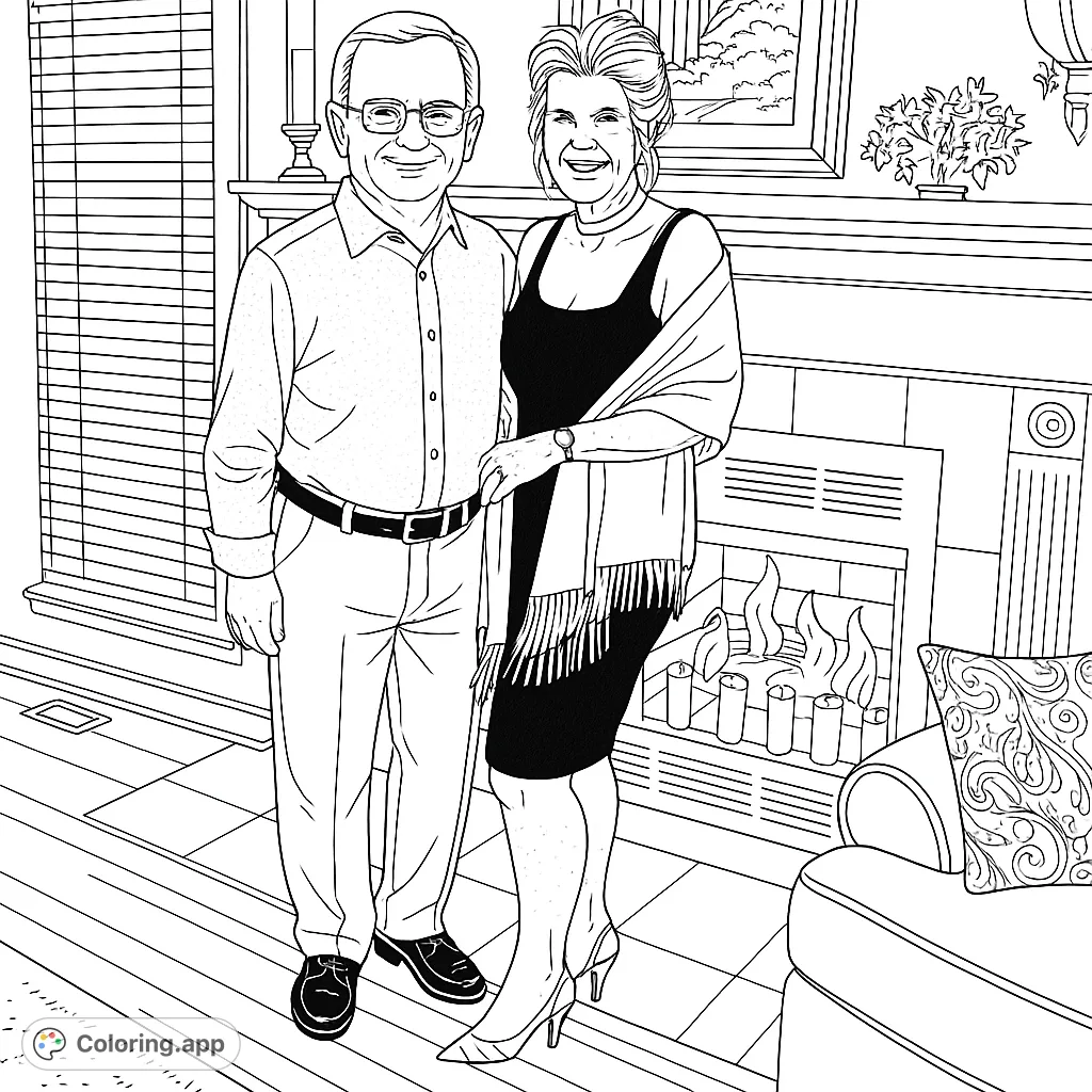 Capture a moment of joy with this elegant couple coloring page, featuring a smiling duo in a cozy indoor setting with a detailed fireplace.