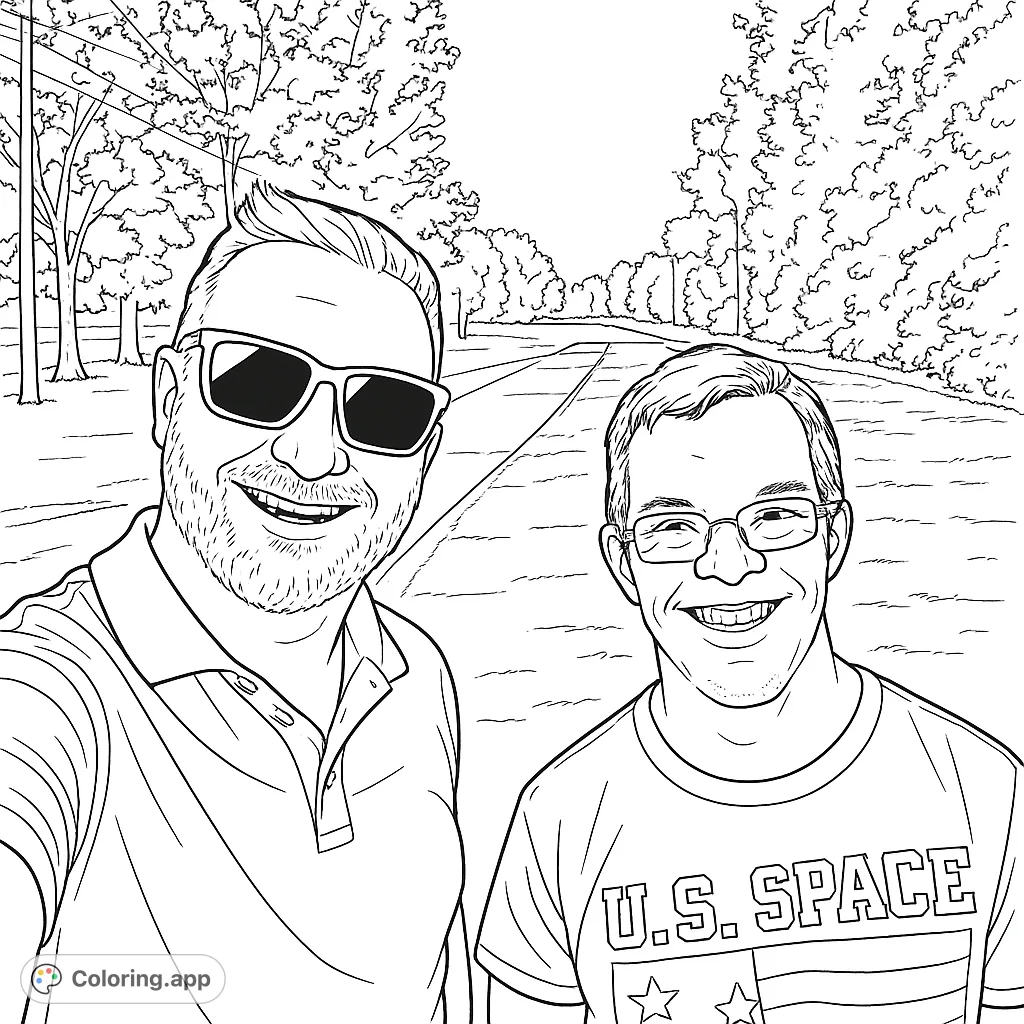 Two happy friends pose for a picture outdoors, surrounded by trees and a path. A joyful scene perfect for any colorist looking to capture friendship.