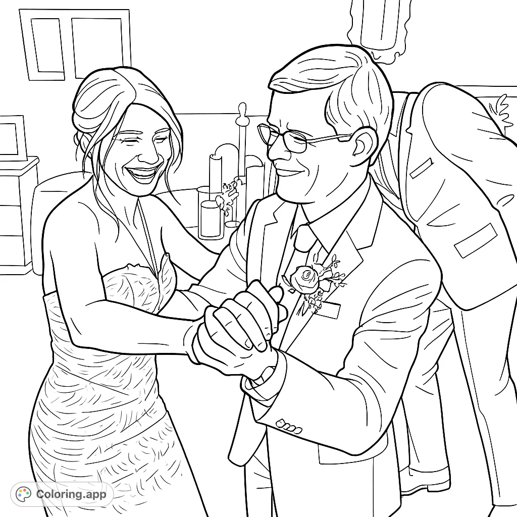 Capture the magic of a joyful first dance! This wedding coloring page features a happy couple gracefully dancing, surrounded by celebratory details. Perfect for romantics.