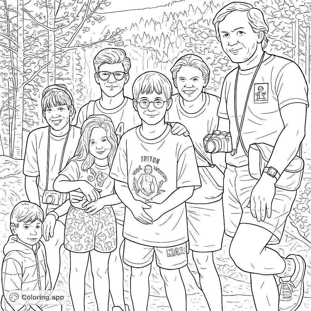A heartwarming scene of a family group posing outdoors, surrounded by nature's beauty, perfect for a joyful coloring experience.