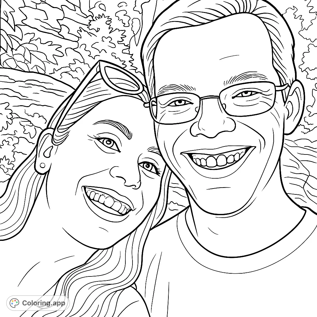 Capture the joy of a smiling couple in a delightful outdoor portrait. Personalize their expressions and the lush natural background with your chosen hues.