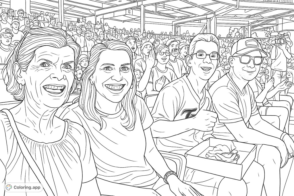 Capture the excitement of a stadium event with this cheering crowd. A joyful group of friends and family smiles and gives a thumbs-up, surrounded by fellow fans.