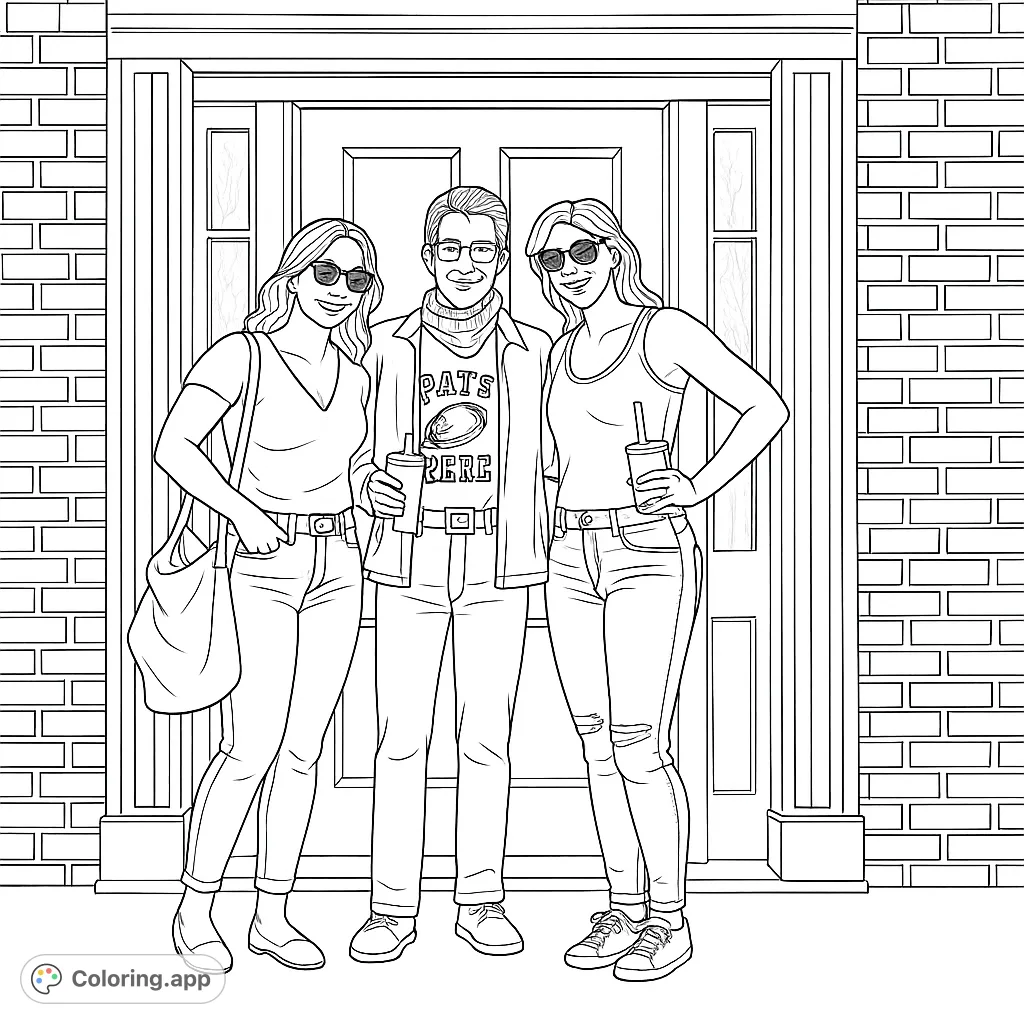 A fun coloring page depicting three friends posing casually in front of a classic doorway. Capture their joyful expressions and intricate background details.