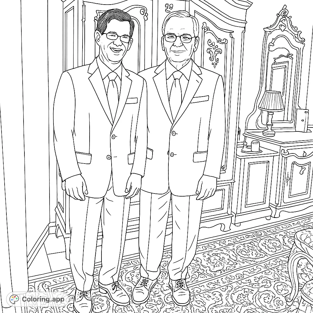 Color two distinguished gentlemen in sharp suits standing in a classic room with ornate furniture, a detailed rug, and elegant decor. Perfect for a sophisticated coloring experience.