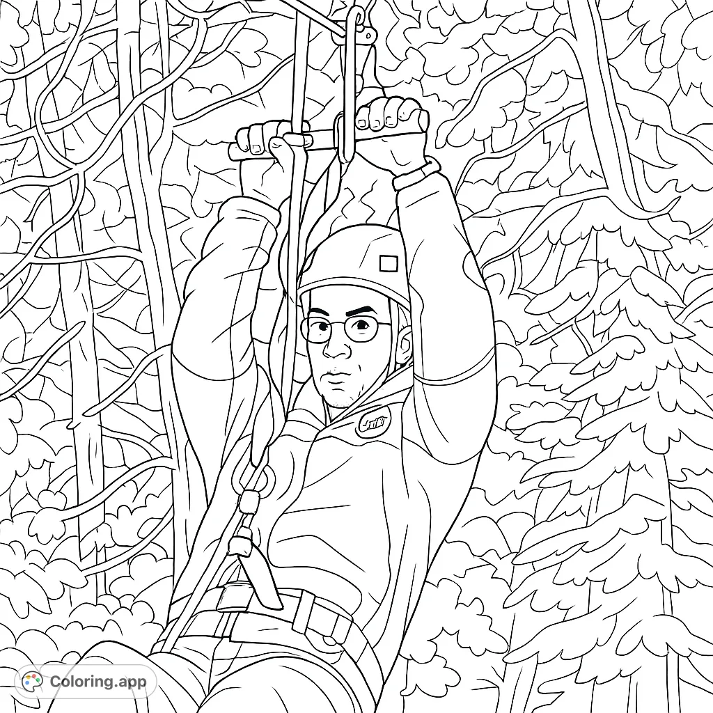 Experience the thrill of a zip line adventure! This coloring page features a person mid-air, surrounded by forest, ready for your creative touch.