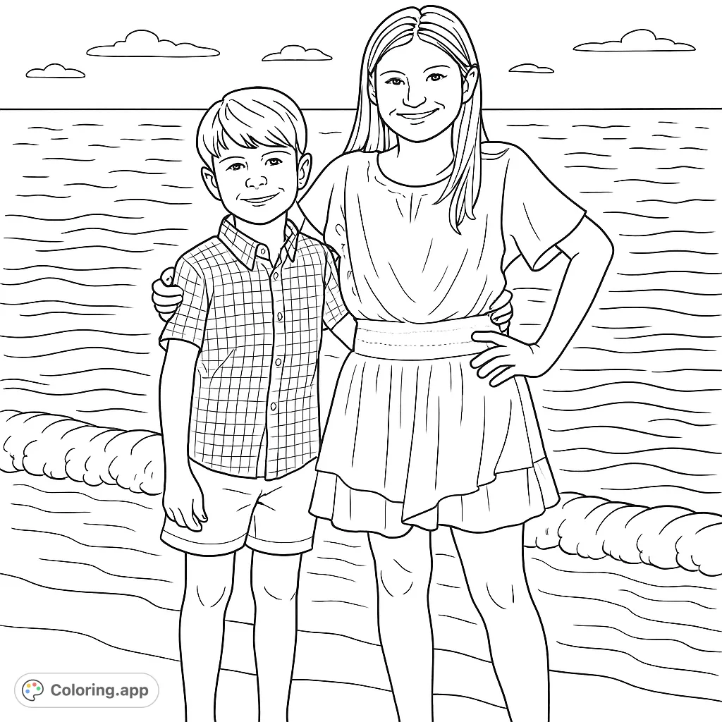 Capture the joy of siblings on a tranquil beach at sunset. This family coloring page features a boy and girl by the ocean, perfect for all ages.