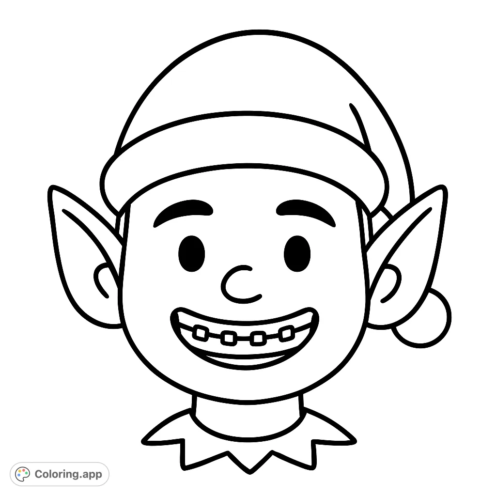 A cheerful elf face featuring a wide smile with braces and expressive eyes. Perfect for young colorists to bring to life with simple, bold strokes. free printable coloring page.