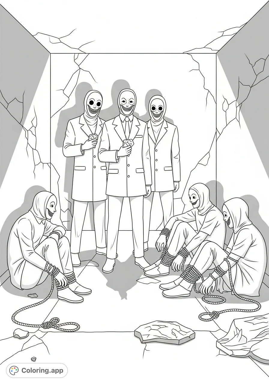 An intense horror theme coloring page depicting masked figures and tied captives in a dilapidated space, perfect for adult coloring enthusiasts.