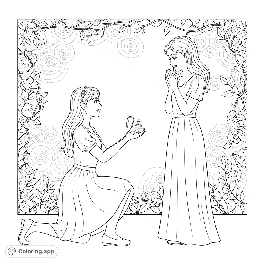 Capture a heartfelt proposal scene featuring two girls, a ring box, and elegant attire against a romantic, swirling background. A beautiful symbol of love.