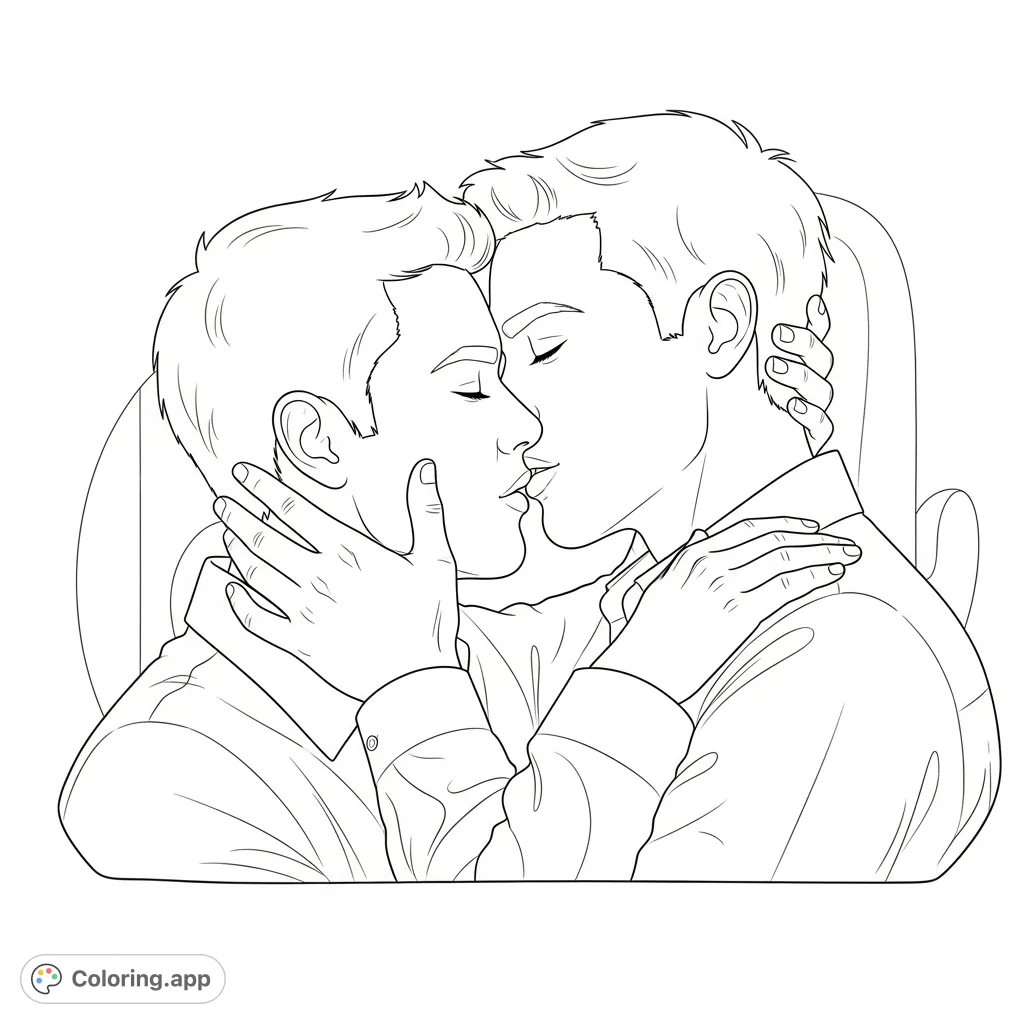A romantic scene of two men sharing a tender kiss, captured in an intimate embrace. This free printable coloring page celebrates love and connection.