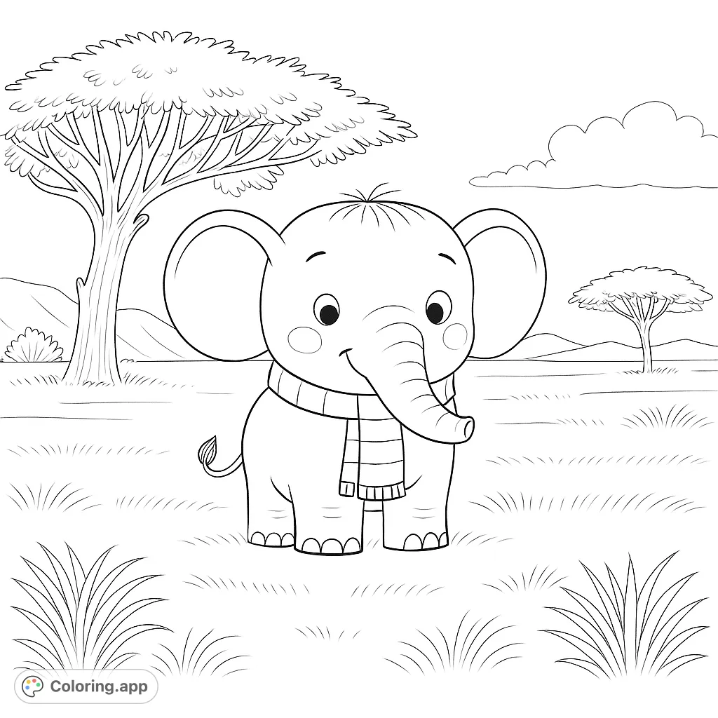 A delightful baby elephant wearing a cozy scarf stands in a vibrant savanna, surrounded by acacia trees and rolling hills, ready for your creative touch.