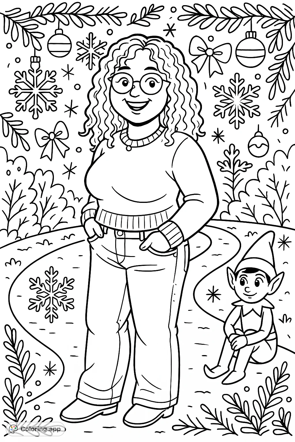A festive Christmas coloring page with a cheerful young woman, elf on the shelf, snowflakes, and holiday patterns. A free printable Christmas coloring page for joyful creation!