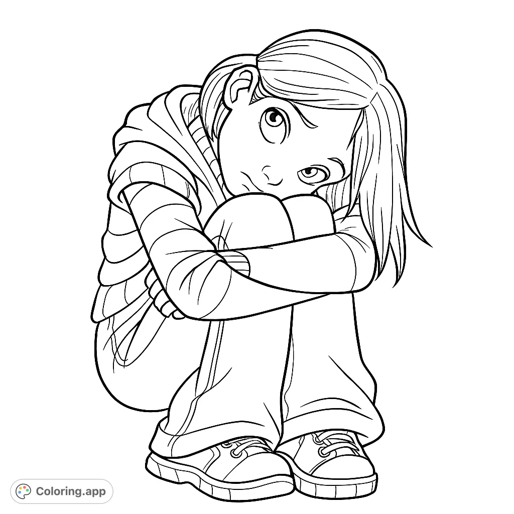 A reflective teen character sits with knees drawn up, offering a detailed portrait for coloring. Perfect for fans of fantasy and expressive figures.