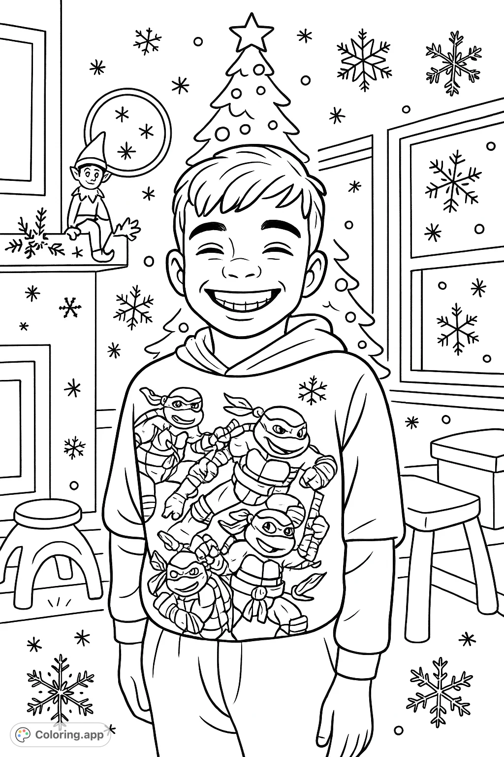 A smiling boy proudly displays his ninja turtle shirt amidst a festive Christmas scene with a decorated tree, snowflakes, and a hidden elf on the shelf.