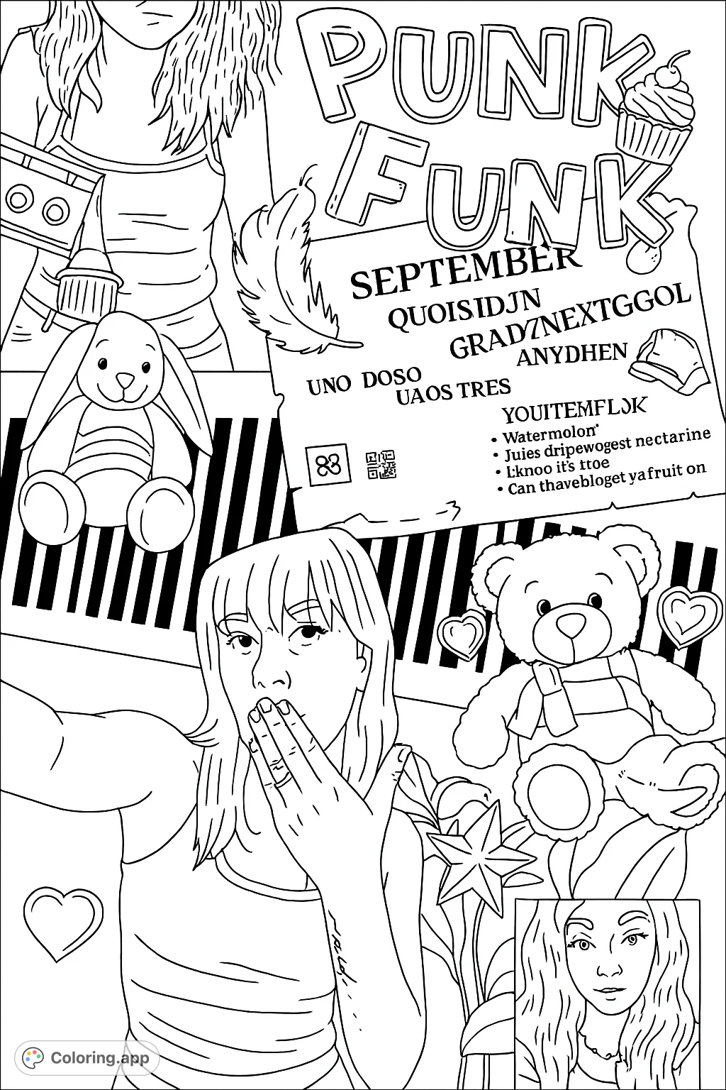 Dive into a vibrant, cartoony collage coloring page featuring expressive figures, plush toys, and fun pop art elements. A dynamic scene waiting for your unique touch.