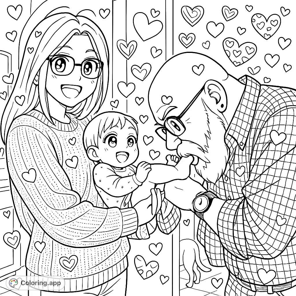 Capture a heartwarming anime-inspired family moment with a smiling mother, a joyful baby, and an affectionate grandfather. Features decorative hearts throughout.
