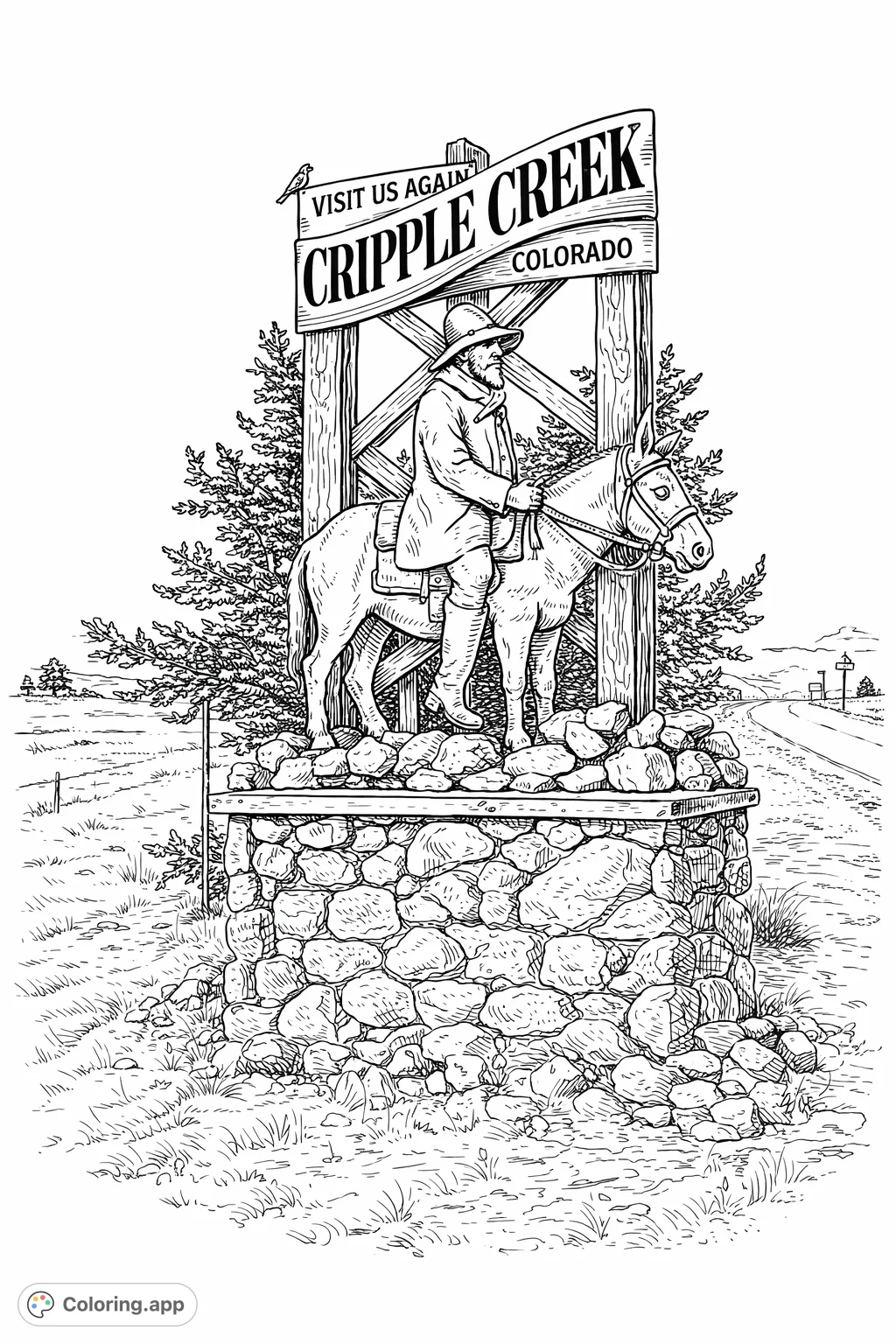 Journey back in time with this detailed vintage Cripple Creek welcome sign featuring a prospector and his donkey. A highly detailed, free printable coloring page.
