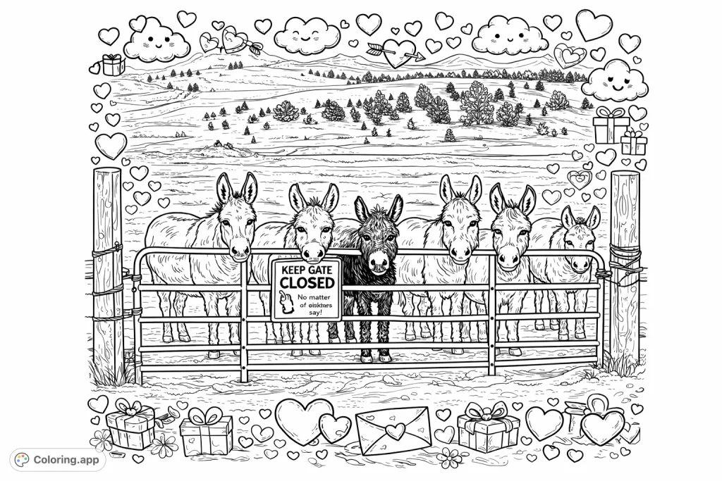 A delightful scene featuring a group of curious donkeys peering through a fence, set against a cartoony winter landscape with valentine day background patterns.