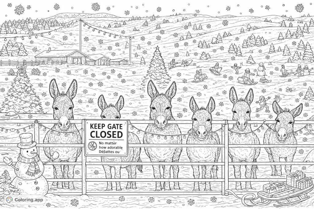 Color five charming donkeys peeking over a farm fence amidst rolling hills and a rustic barn. A detailed, engaging scene for animal lovers.
