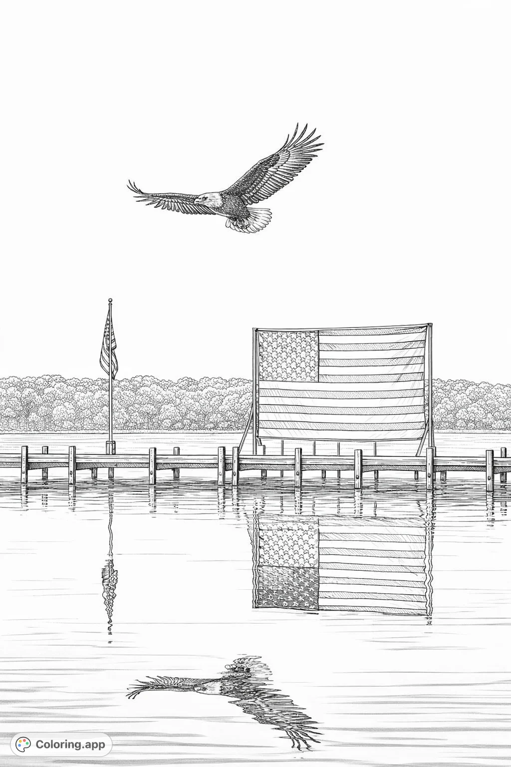An majestic eagle soars above a reflective lake, with grand flags displayed on a pier. A detailed patriotic scene for all ages, offering intricate elements to color.