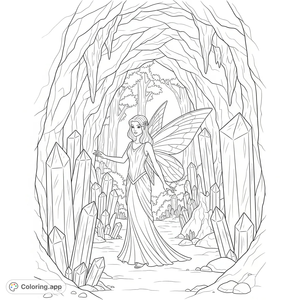 A graceful fairy explores a mystical cave adorned with countless sparkling crystal formations, deep within a magical forest. A captivating fantasy coloring page.