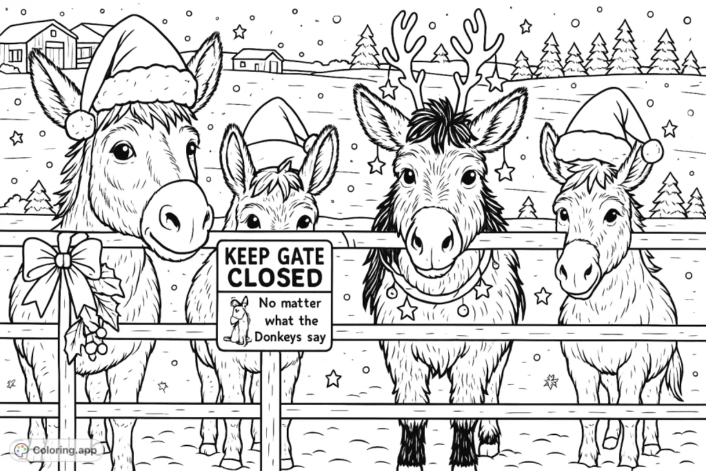Four endearing donkeys peer from behind a festive farm fence with a humorous sign, set against a wintery landscape. A detailed Christmas coloring page for all.