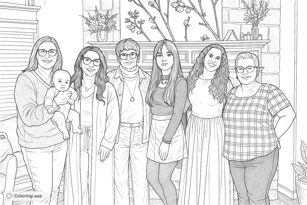 A heartwarming, highly detailed family portrait of six individuals and a baby. Perfect for capturing cherished moments and exploring intricate features.
