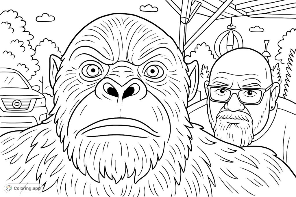 A cartoony gorilla sculpture and a friendly companion offer a unique animal coloring page. Free printable gorilla coloring page for kids and adults to enjoy.