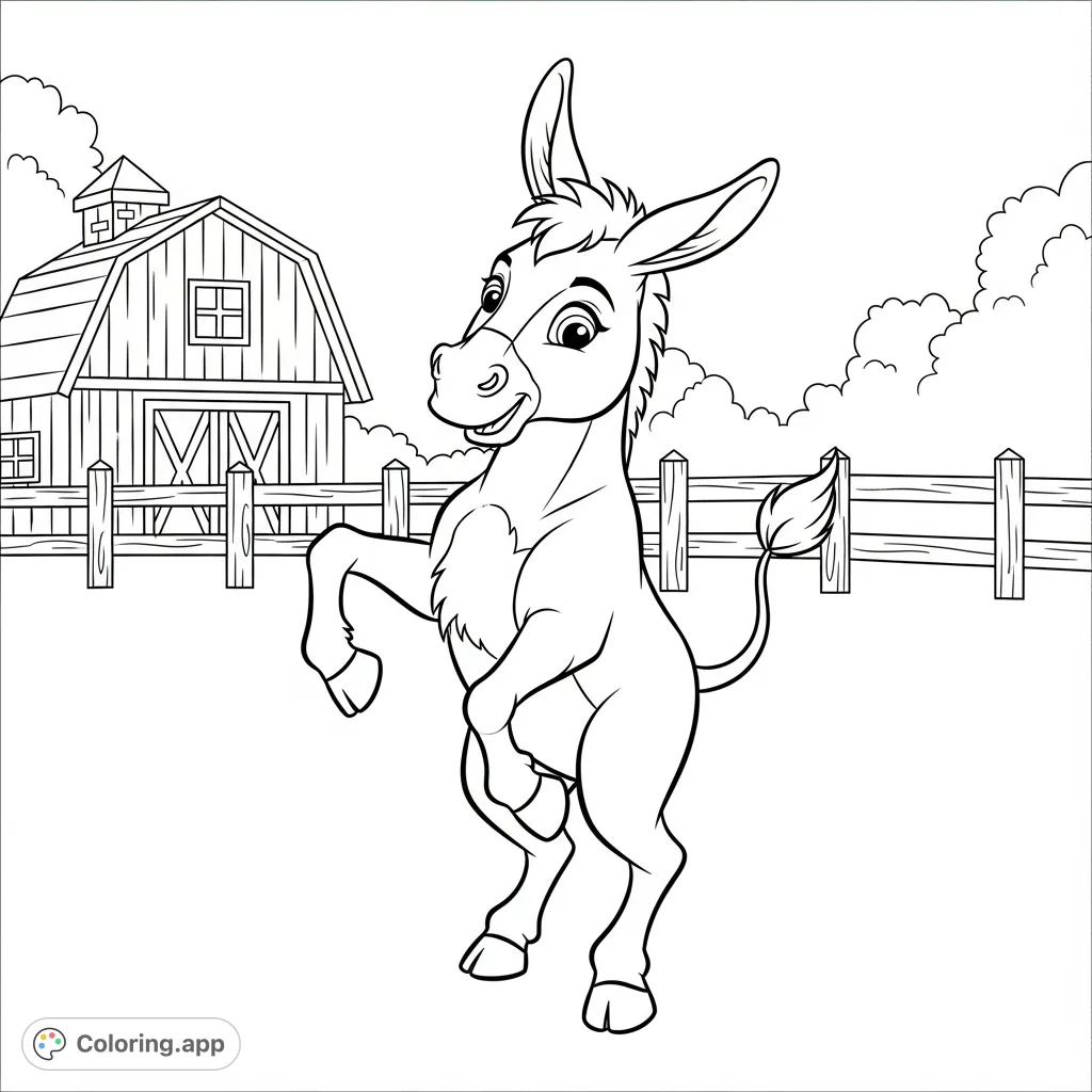 A cheerful donkey doing a playful dance on a farm. This delightful dancing donkey coloring page offers joy for coloring pages for kids.