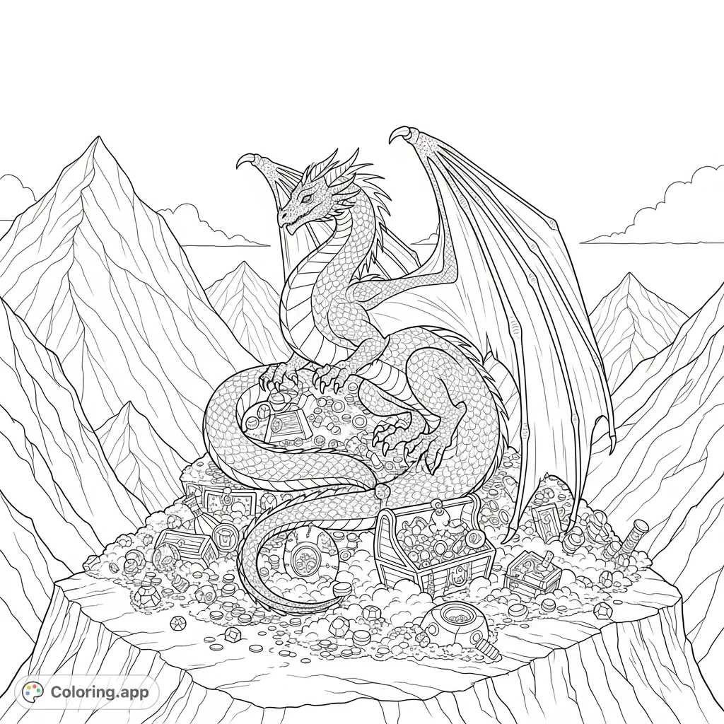 A majestic fantasy dragon guards its vast treasure hoard atop a rugged mountain, perfect for an epic adventure coloring page.