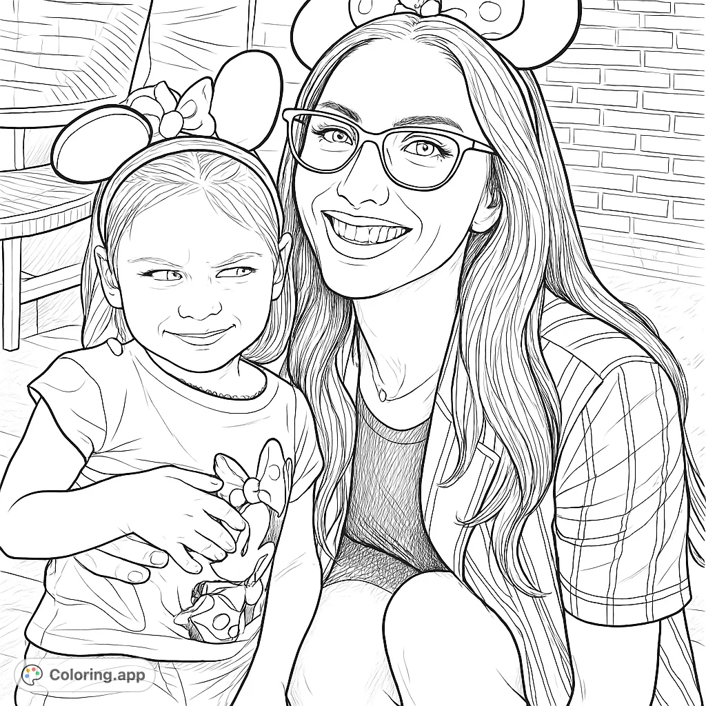 A heartwarming realistic coloring page featuring a smiling adult and a playful child, both adorned with mouse ear headbands, perfect for fans of theme park fun.