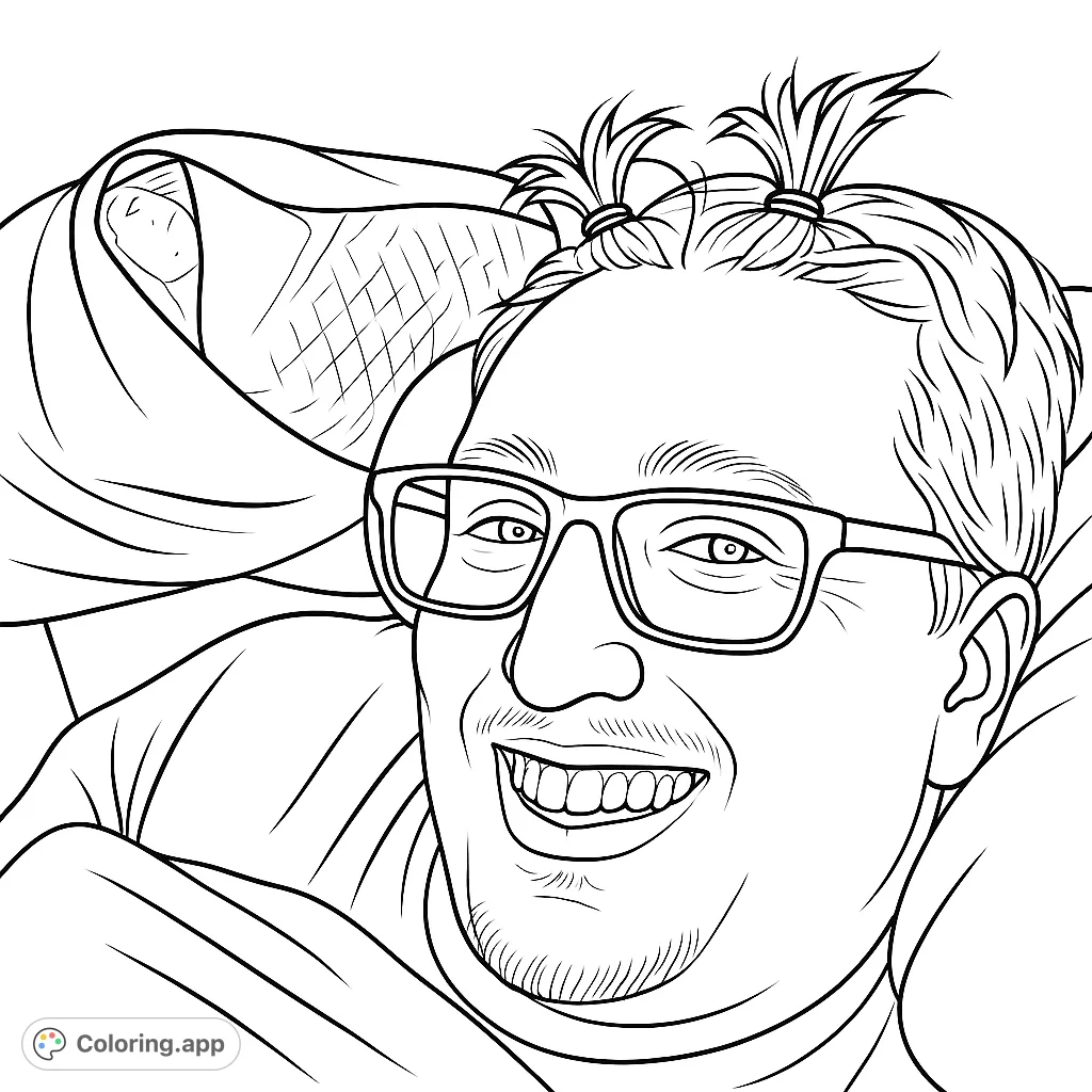 A cheerful person with unique top-knot hairstyles and glasses, smiling broadly while relaxing. A fun portrait for creative expression.