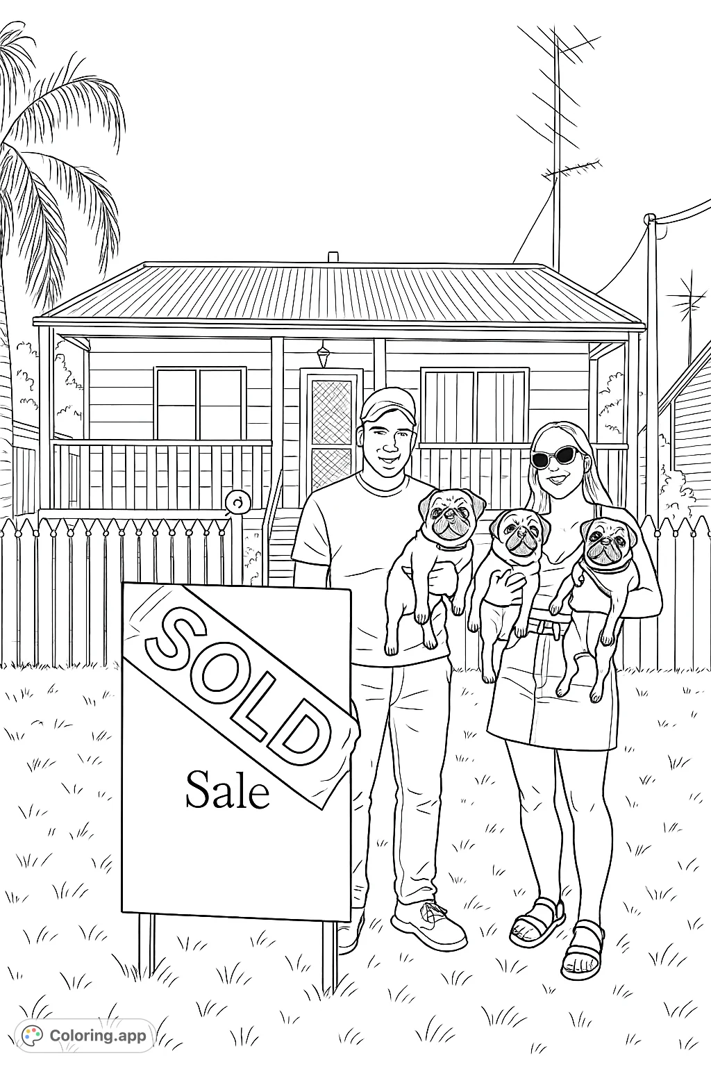 Celebrate a new home with this heartwarming coloring page featuring a couple and their four adorable pugs in front of a charming house. Perfect for pet lovers!
