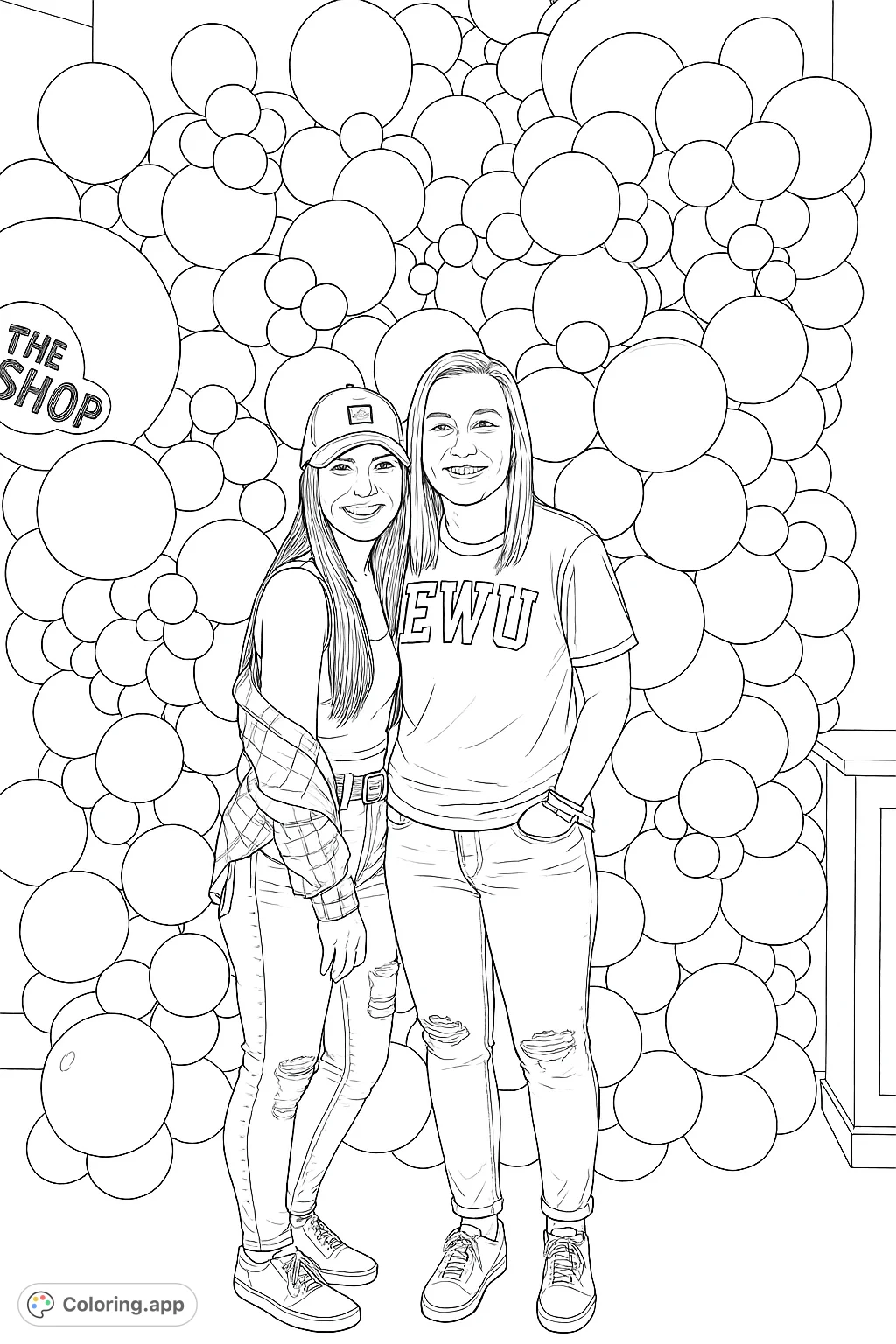 Capture friendship and fun with this detailed coloring page featuring two smiling women posing in front of an intricate balloon wall. Perfect for creative expression!