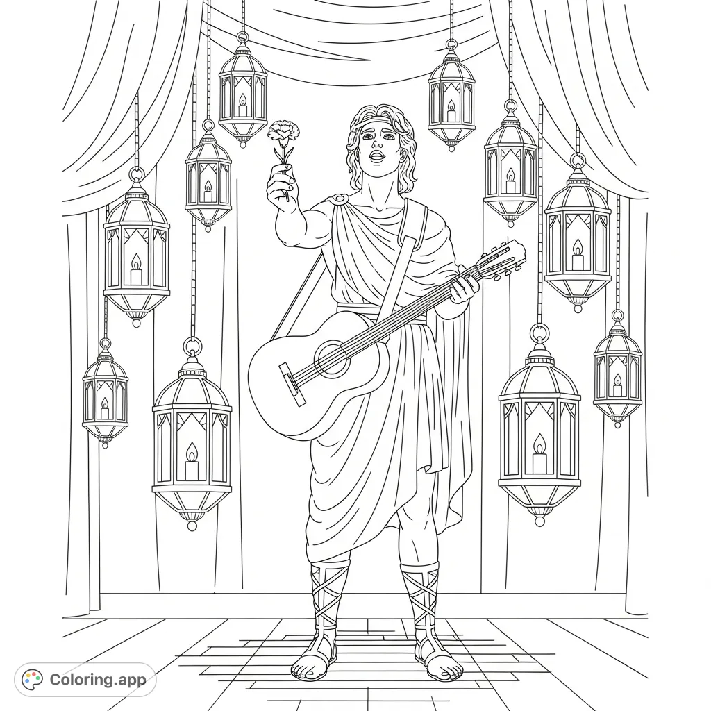 Orpheus from Hadestown on stage, singing with a carnation bulb, guitar on his back, surrounded by swinging lanterns. A dramatic musical theatre scene.