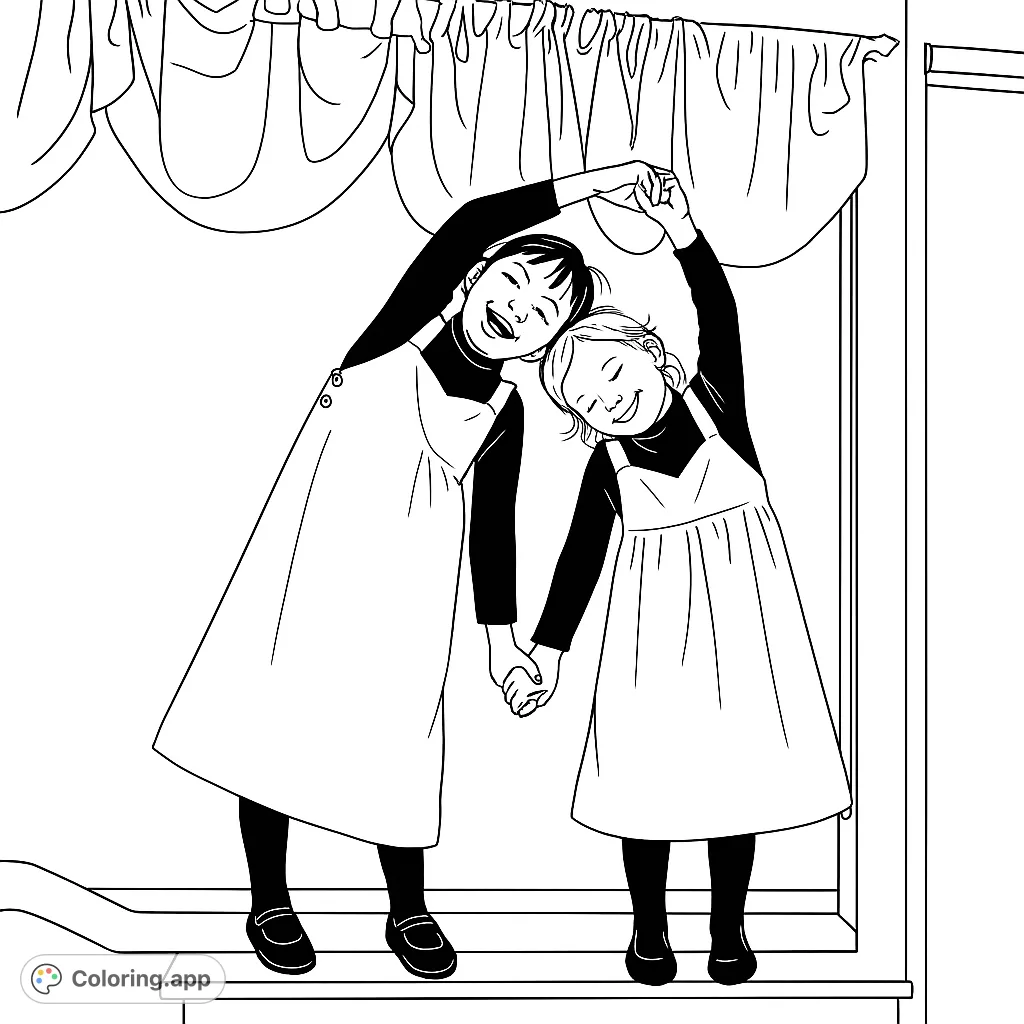 Two joyful children hold hands and form an arch with their arms, radiating happiness. A sweet and heartwarming scene perfect for creative coloring fun.