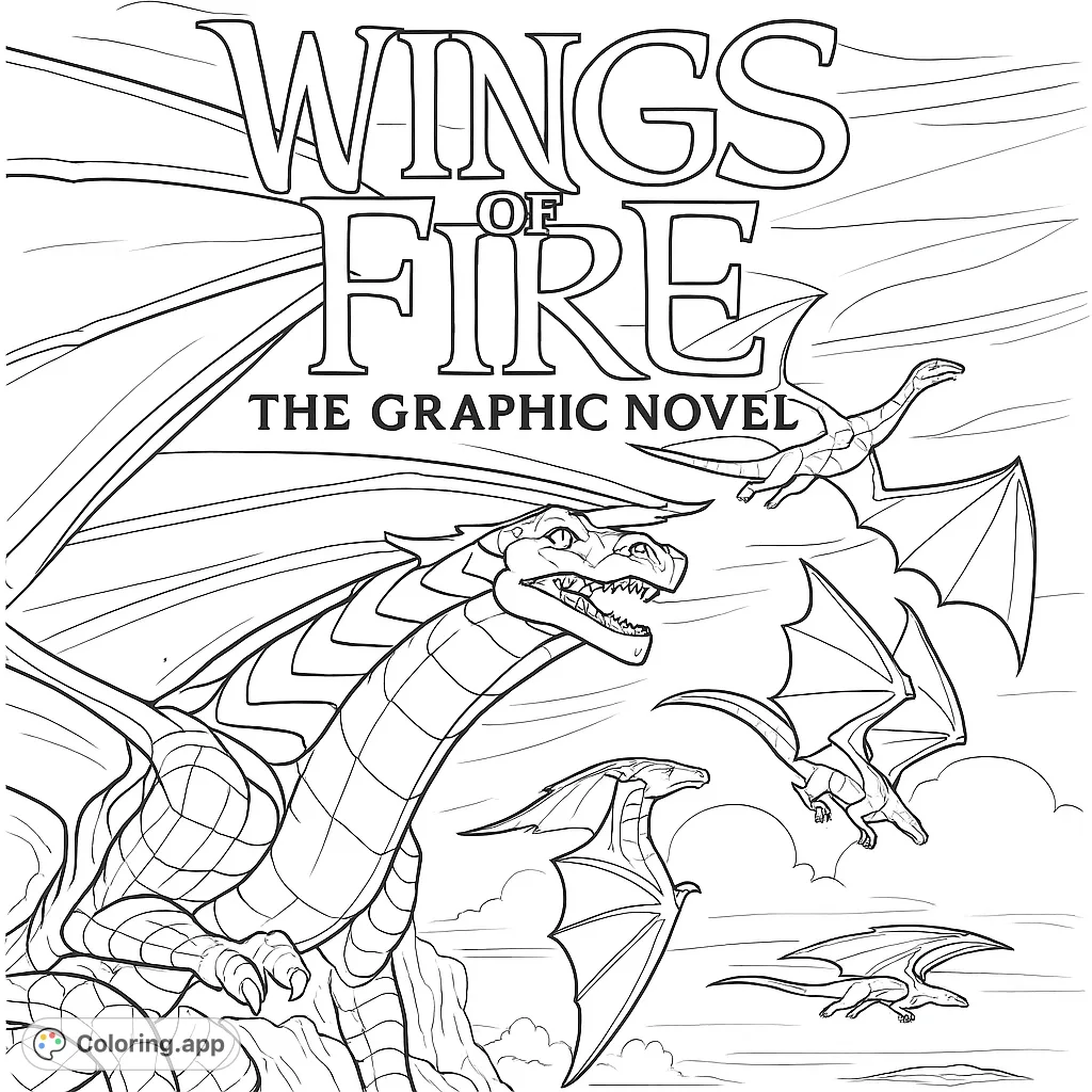 Soar into an epic adventure with this dragon coloring page featuring a powerful lead dragon and several companions amidst a dynamic, vast sky.