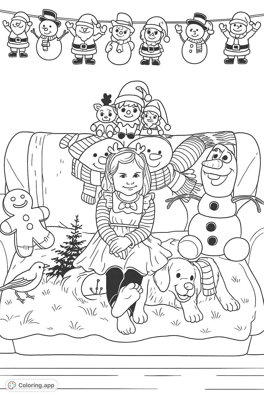 A delightful festive scene featuring a charming child dressed as an elf surrounded by cuddly holiday companions and cheerful decorations. Perfect for joyful coloring!