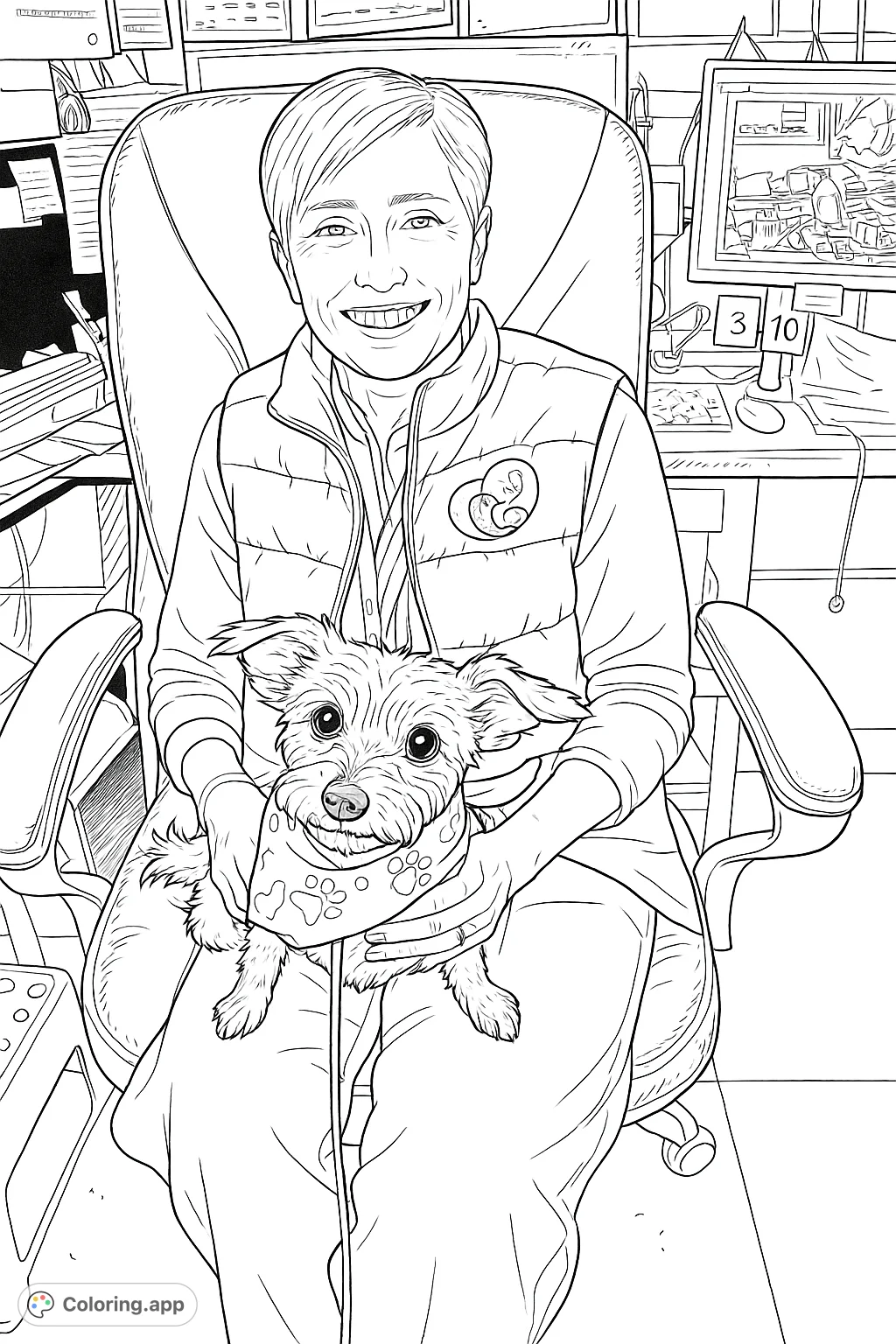 A heartwarming free printable coloring page featuring a smiling woman and her adorable pet dog in an office setting. Perfect for pet lovers and a relaxing creative activity.