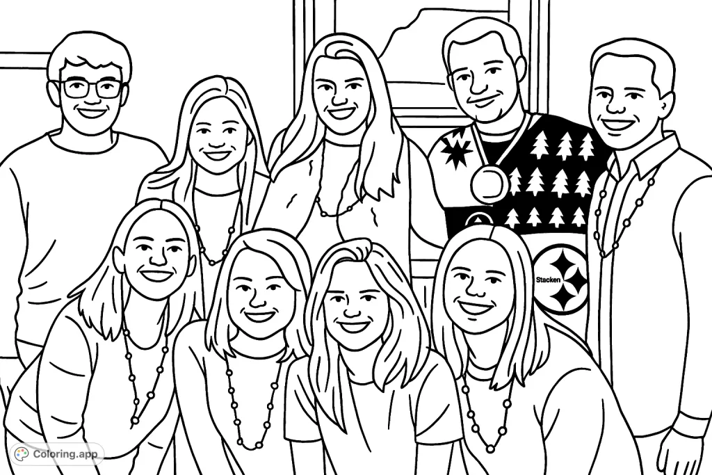 Capture the happy spirit of friends gathered together. This cartoony group coloring page features smiling faces and unique outfits, perfect for creative expression.