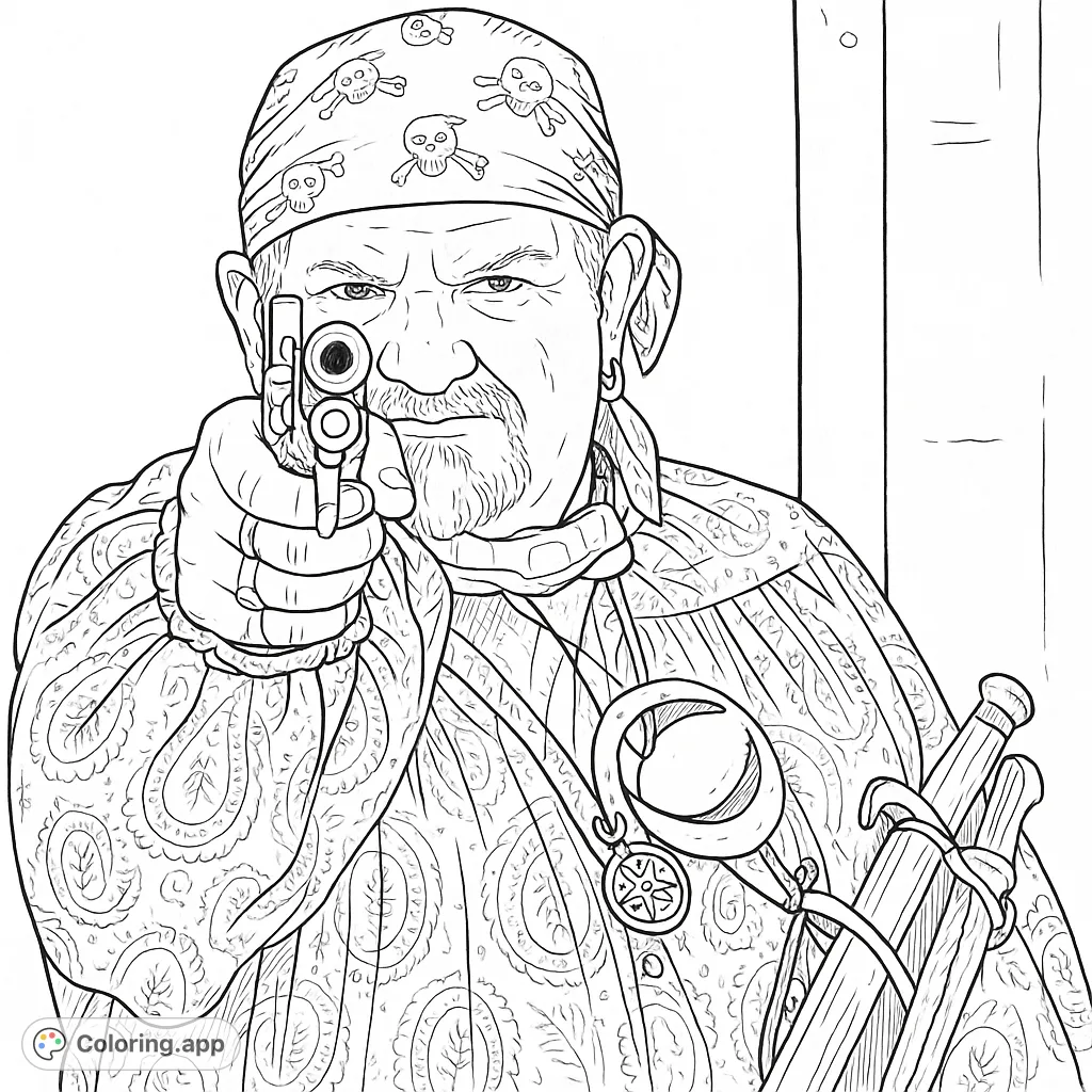 An adventurous pirate stands ready, holding a pistol and adorned with intricate patterns and accessories. A thrilling pirate coloring page for immersive artistic fun.