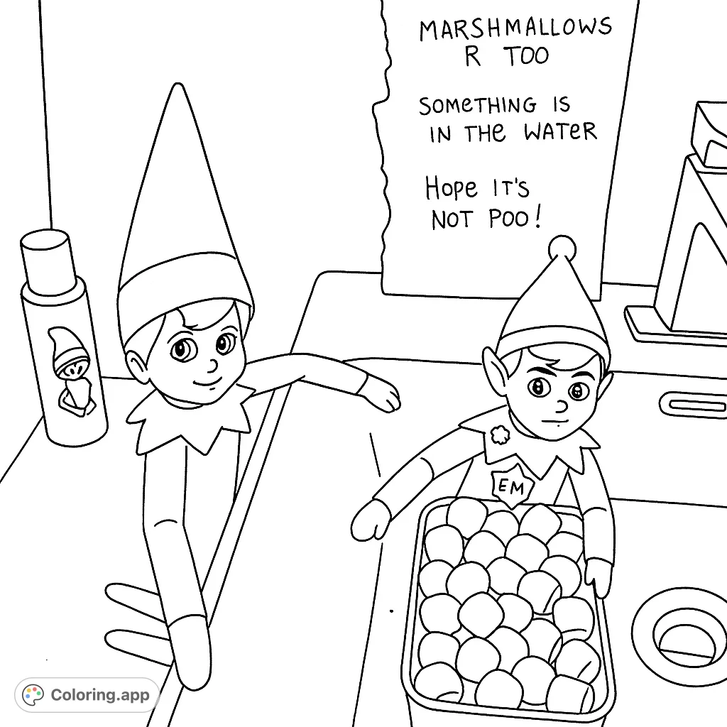 Two mischievous elves discover a sink filled with fluffy marshmallows. A playful scene for festive coloring fun!