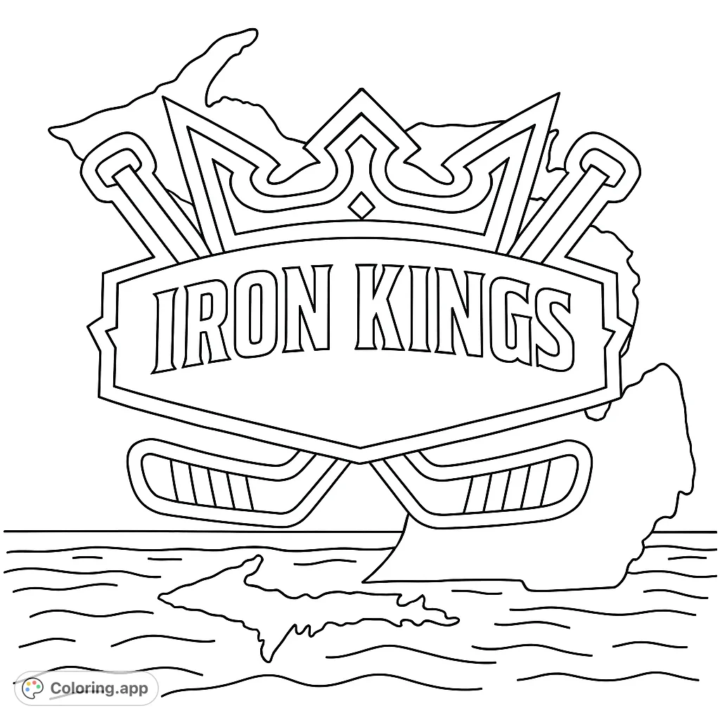 Color this dynamic hockey team emblem featuring a majestic crown, 'IRON KINGS' banner, and crossed hockey sticks over a unique map background. Perfect for sports fans!