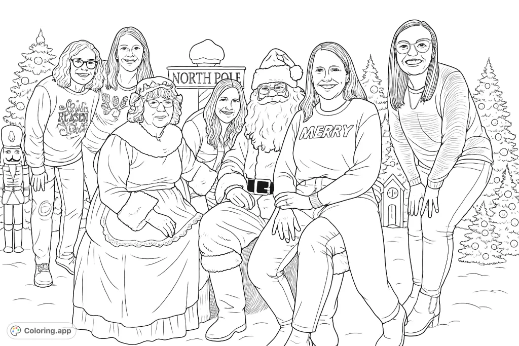 Join Santa, Mrs. Claus, and friends in a joyful North Pole scene. A heartwarming festive gathering with decorated trees and falling snow, perfect for holiday coloring.