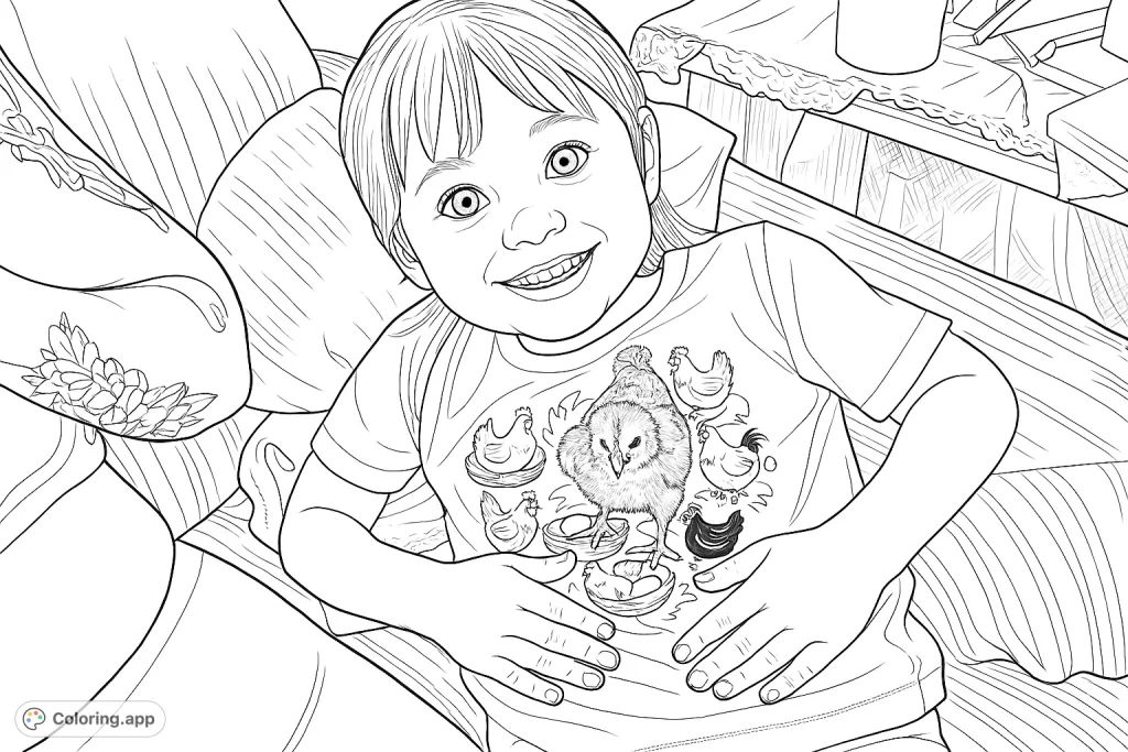 An adorable child smiles while gently holding a fluffy chick on their chest, surrounded by playful chicken illustrations. A heartwarming scene.