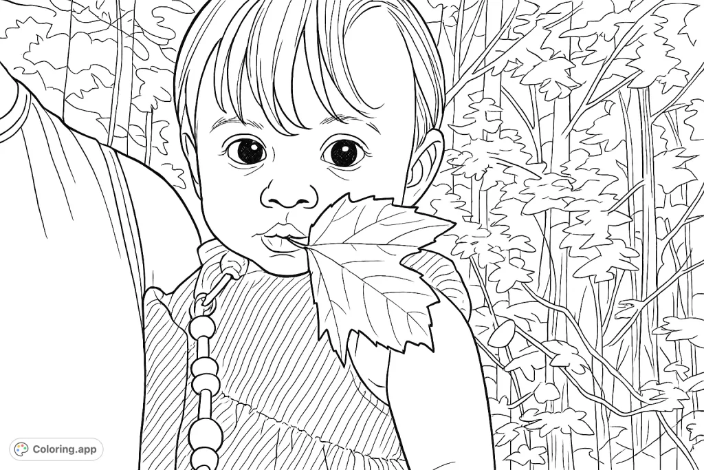 A delightful baby coloring page. A curious infant explores a large leaf in a peaceful forest setting. Perfect for inspiring imagination and gentle creativity.