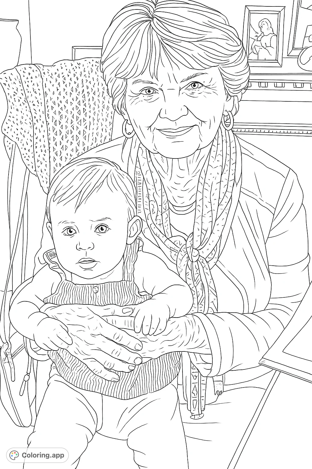 A heartwarming portrait of an older woman lovingly holding a baby, capturing a tender moment of intergenerational connection. Perfect for a family-themed coloring page.