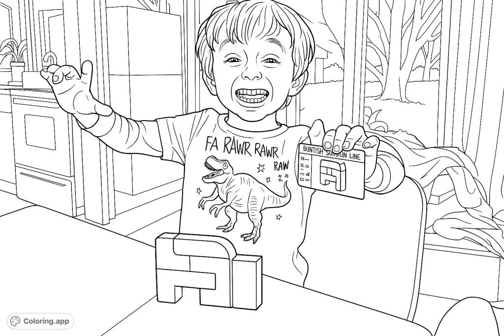A joyful boy with a dinosaur t-shirt holds a puzzle card, showcasing a completed block puzzle. Perfect for young enthusiasts of fun and learning.